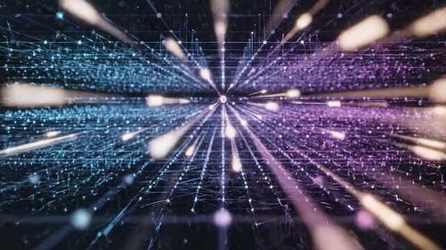 Glowing dots and light trails form a complex interconnected network representing modern global digital data communication