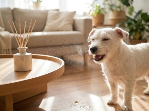 A white dog is sneezing near a reed diffuser in a bright living room, showing an allergic reaction to the scent.
Concept of dog allergy to home fragrance.