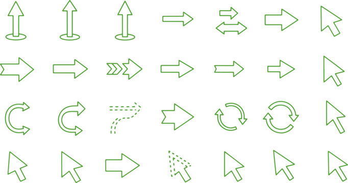 Modern green arrow icons and cursor pointer on transparent grid background for web elements.
