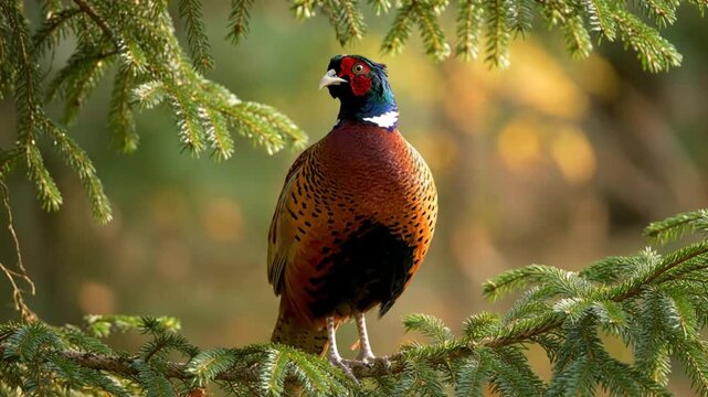 Magnificent pheasant perched on a coniferous tree branch displaying colorful plumage and vocalizing in a forest setting