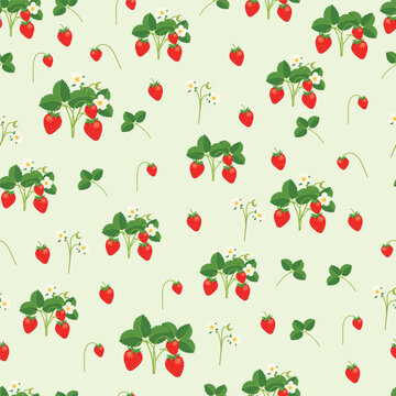 A seamless pattern featuring strawberry bushes, ripe berries, green leaves, and white flowers on a soft green background. The elements are evenly distributed, creating a light and fresh natural design
