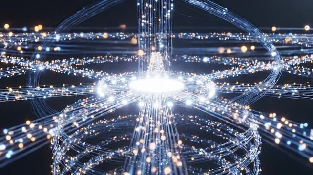 Glowing fiber optic cables form complex data networks transmitting information through circular pathways in cyberspace