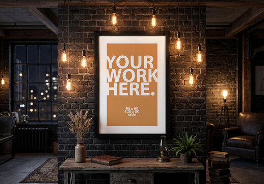 Vertical poster mockup in black wooden frame on a dark brick wall