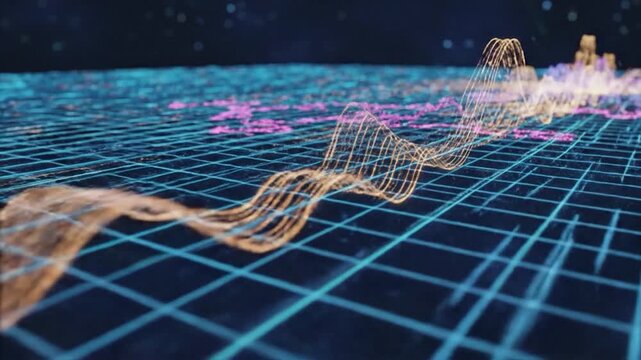 Glowing financial market data waves moving across a digital grid representing complex global trading network analytics