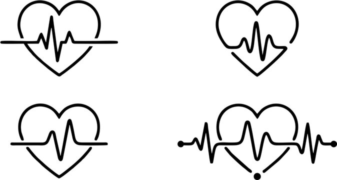 Set of minimal heart pulse line art icons, medical electrocardiogram ekg rhythm symbols, vector illustration, medical, heartbeat, pulse, ekg, ecg, cardiology, health