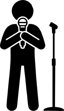 Black silhouette of a singer performing with a handheld microphone and stand, public speaking or karaoke vector icon isolated on white background, singer, microphone, performance, speech, karaoke