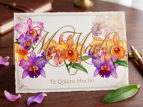 Spanish Mother's Day Greeting with Gold Calligraphy and Cattleya Orchids