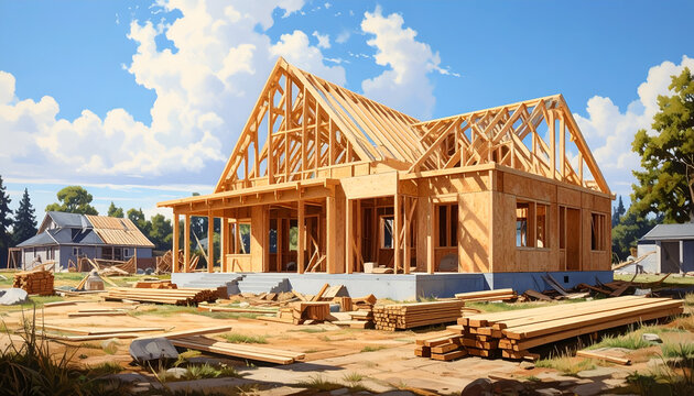 Construction of a wooden house frame on a sunny day.