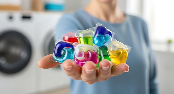 Hand holds colorful laundry detergent pods, with washing machines in background