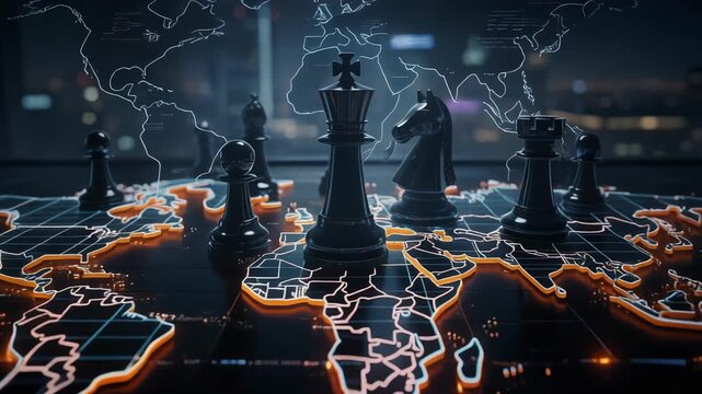 Futuristic cityscape with strategic chess pieces illuminating a glowing global world map at night