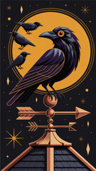 Obraz premium Mystic raven on copper weather vane under full moon and stars, dark night sky crow illustration, occult fantasy poster art