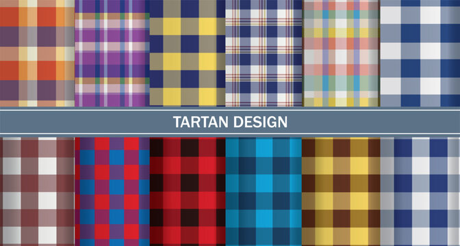 Set of ten colorful tartan plaid patterns, traditional scottish textile fabric check designs.