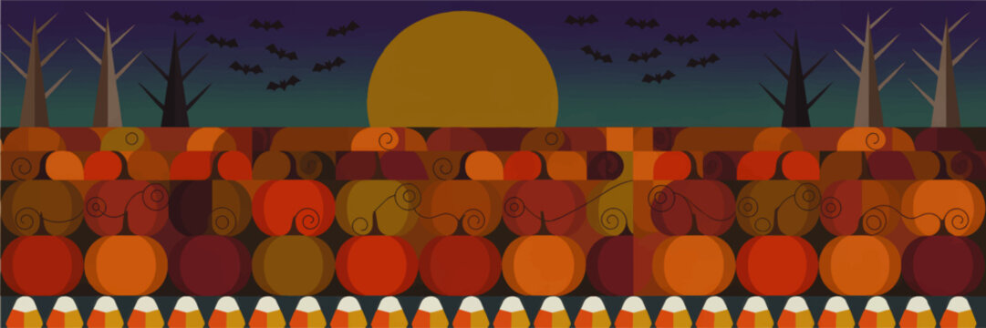Halloween pumpkin patch landscape with bats, candy corn border and full moon at dusk, colorful fall harvest vector background