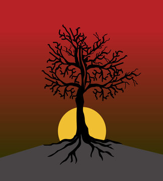 Minimalist digital illustration of a gnarled tree silhouette on a hilltop at dusk.
