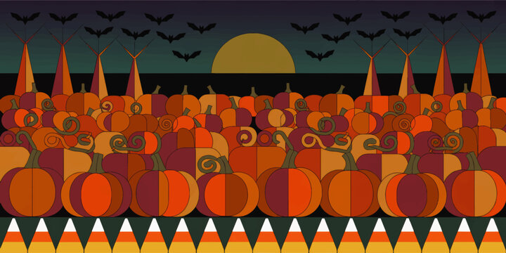 Colorful Halloween pumpkin patch illustration with sunset, flying bats, candy corn border and geometric autumn background