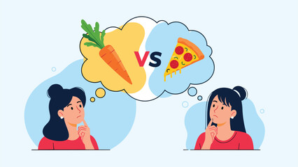 Fototapeta premium Illustration of two women thinking and choosing between a healthy carrot and a slice of pepperoni pizza for dietary decisions.