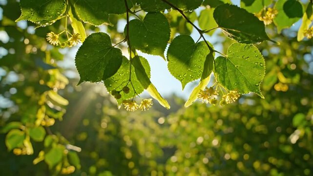 Linden tree branch with fresh green heart-shaped leaves, yellow flowers, and water droplets gently swaying in the sunlight