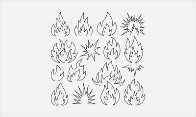 Fototapeta premium Set of fire flames and fire explosion line art vector icon set illustration for books, printing, video, clipart, and T-shirt design vector illustration