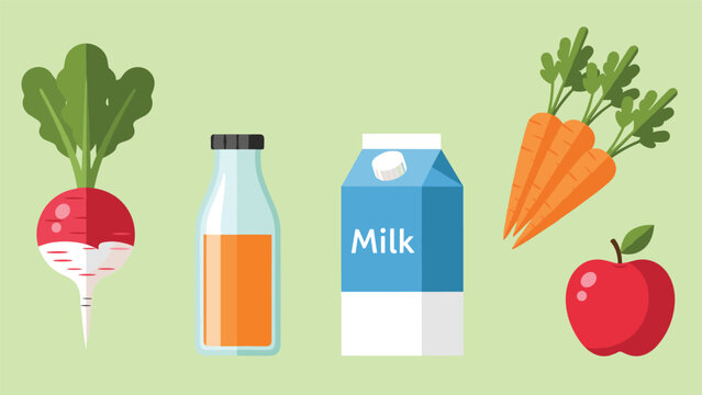 Assortment of healthy items including a radish, bottle of juice, carton of milk, carrots, and a red apple for nutrition and diet themes.