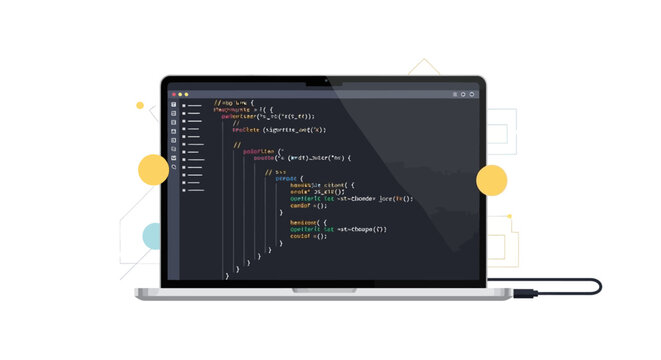 Software development and programming code on laptop screen illustration
