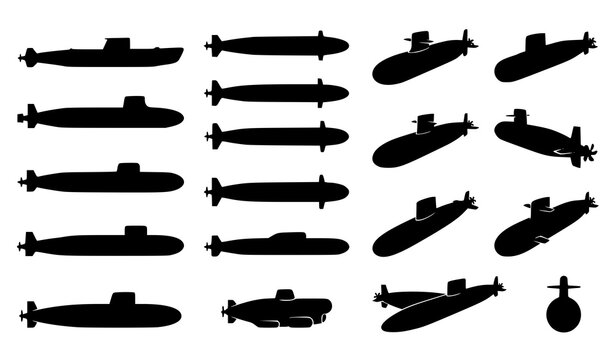 Submarine silhouette collection with multiple views black vector icons isolated on white background