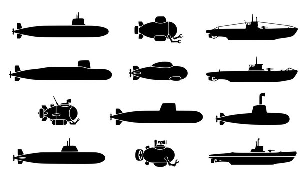 Submarine black silhouette set with various underwater vessel icons isolated on white background