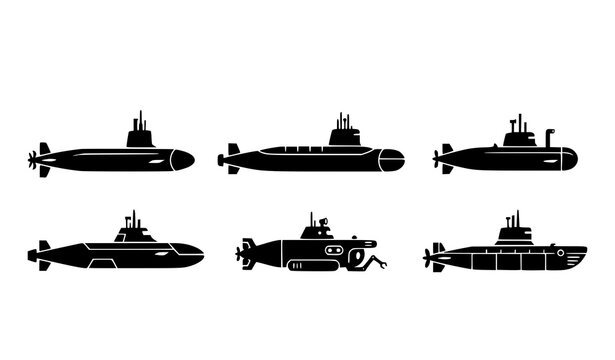 Black submarine icon pack with modern geometric underwater vessel silhouettes isolated on white