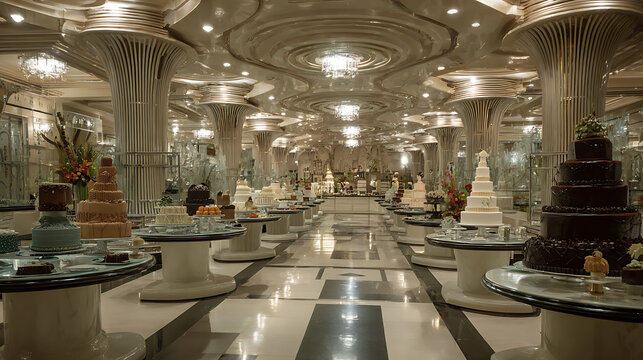 Opulent dessert buffet in grand palace hall with ornate columns and luxurious cakes in symmetrical layout