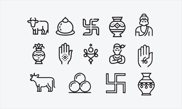 simple gray 10 line art vector icons set such as indian cow, laddu, swastika, indian vase, henna painted hand, gnostic, hanuman vector illustration