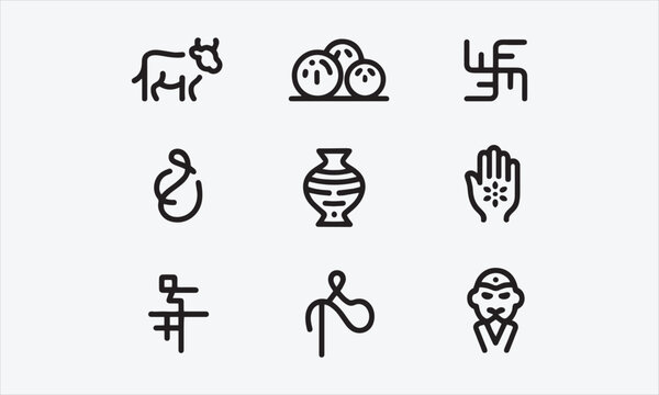 simple gray 10 line art vector icons set such as indian cow, laddu, swastika, indian vase, henna painted hand, gnostic, hanuman vector illustration