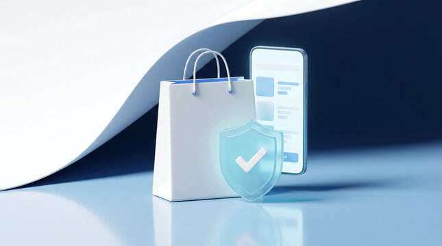 Secure mobile shopping concept with white paper bag and smartphone featuring a glowing blue digital shield with check mark icon for protected e-commerce transactions and privacy