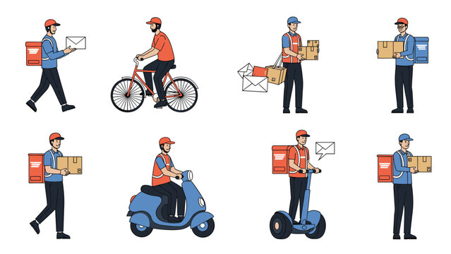 Various professional delivery couriers in blue and orange uniforms carrying packages and mail using bicycles, scooters, segways, and walking.