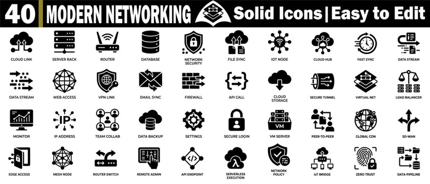 Modern networking solid icons pack. Featuring high-quality graphics for internet connectivity, server management, and data solutions.