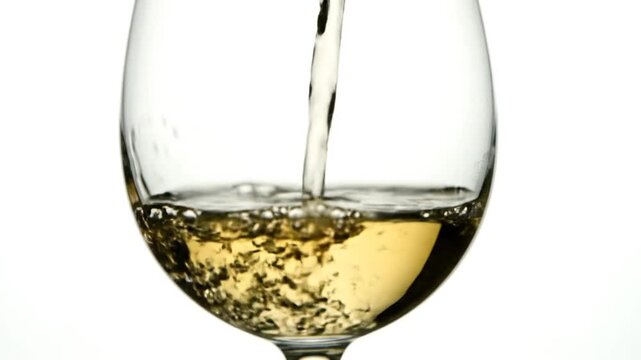 Close-up of golden white wine being poured into a clear stemmed glass with a bright white background