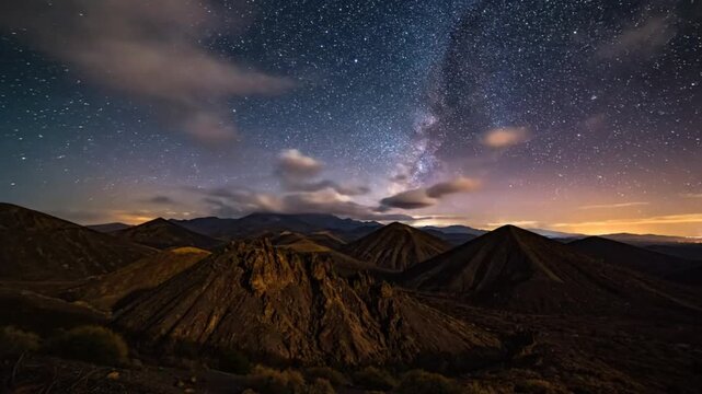 Stunning night sky view of the milky way over volcanic mountains with some clouds and city lights in the distance