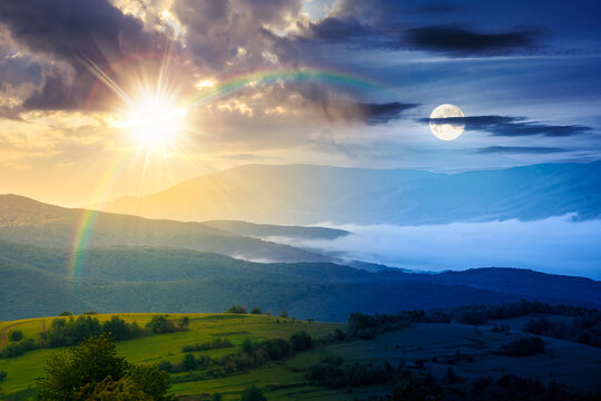 day meet night. foggy carpathian countryside on summer solstice. view of mountainous landscape with rural fields on rolling hills. sun and moon over fog in the valley. clouds above the mountain