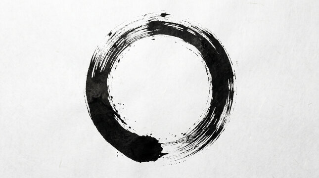 Hand-drawn black ink enso circle on white paper symbolic of zen buddhism enlightenment the universe with sumi e spiritual journey meditation buddhism abstract spiritual minimalist calligraphy