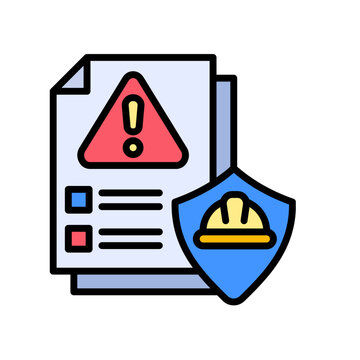 Safety document with shield and hard hat icon for construction security and protection concept