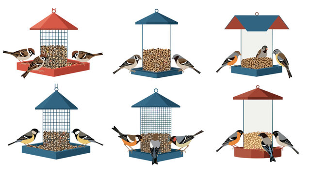 Set of different bird feeder designs with various birds like sparrows and tits perching and eating seeds during the winter or spring season.