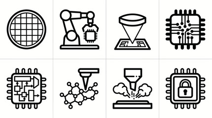 Vector icon set for semiconductor manufacturing, microchip design, and nanotechnology production. Bold rounded outline style for hardware engineering dashboards, electronics software, and industrial U © VectorGomes
