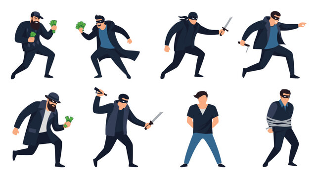 Set of criminal characters in masks committing crimes like robbery and kidnapping along with a victim tied up with ropes on white background.