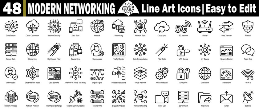 Modern networking line art icons set. Featuring data stream cloud connection, security sync, and global link for technology design.