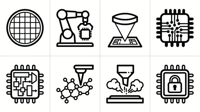 Vector icon set for semiconductor manufacturing, microchip design, and nanotechnology production. Bold rounded outline style for hardware engineering dashboards, electronics software, and industrial U
