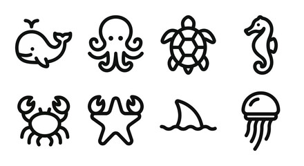 Vector icon set for marine life, sea creatures, and ocean-themed design. Bold rounded outline style for educational materials, aquarium apps, and summer-themed UI/UX. © VectorGomes