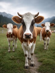 Fototapeta premium Cows and Pigs Grazing on Green Pasture at Livestock Farm