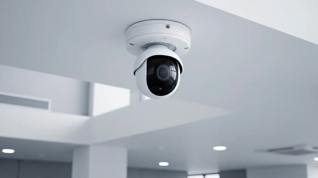 Surveillance security camera installed on a white ceiling monitoring inside a modern commercial building