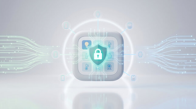 Smart home security hub with glowing digital shield and padlock icon on high tech interface for protected internet of things iot automation and connected device privacy systems
