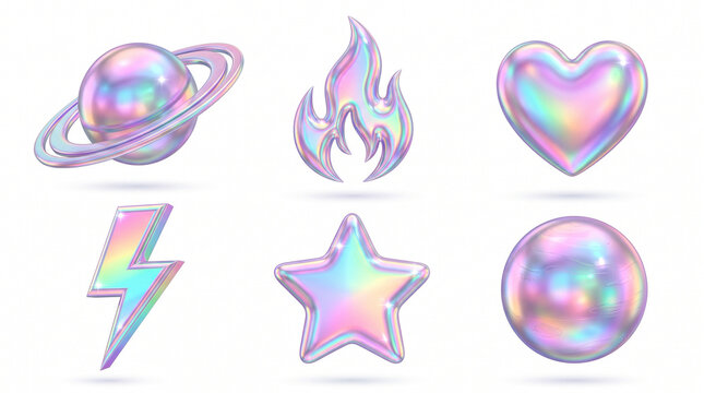 Set of iridescent holographic 3D rendered shapes including a planet flame heart lightning bolt star sphere on a white background isolated graphic elements with holographic iridescent metallic