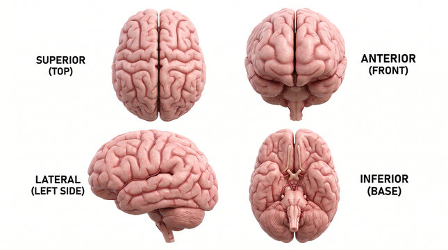 Multiple anatomical views of the human brain with labels for superior anterior lateral inferior aspects on a white background central nervous system 3D render internal organ human body anatomical