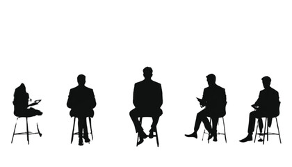Fototapeta premium Group of professionals sits on stools during a collaborative meeting in a bright workspace.